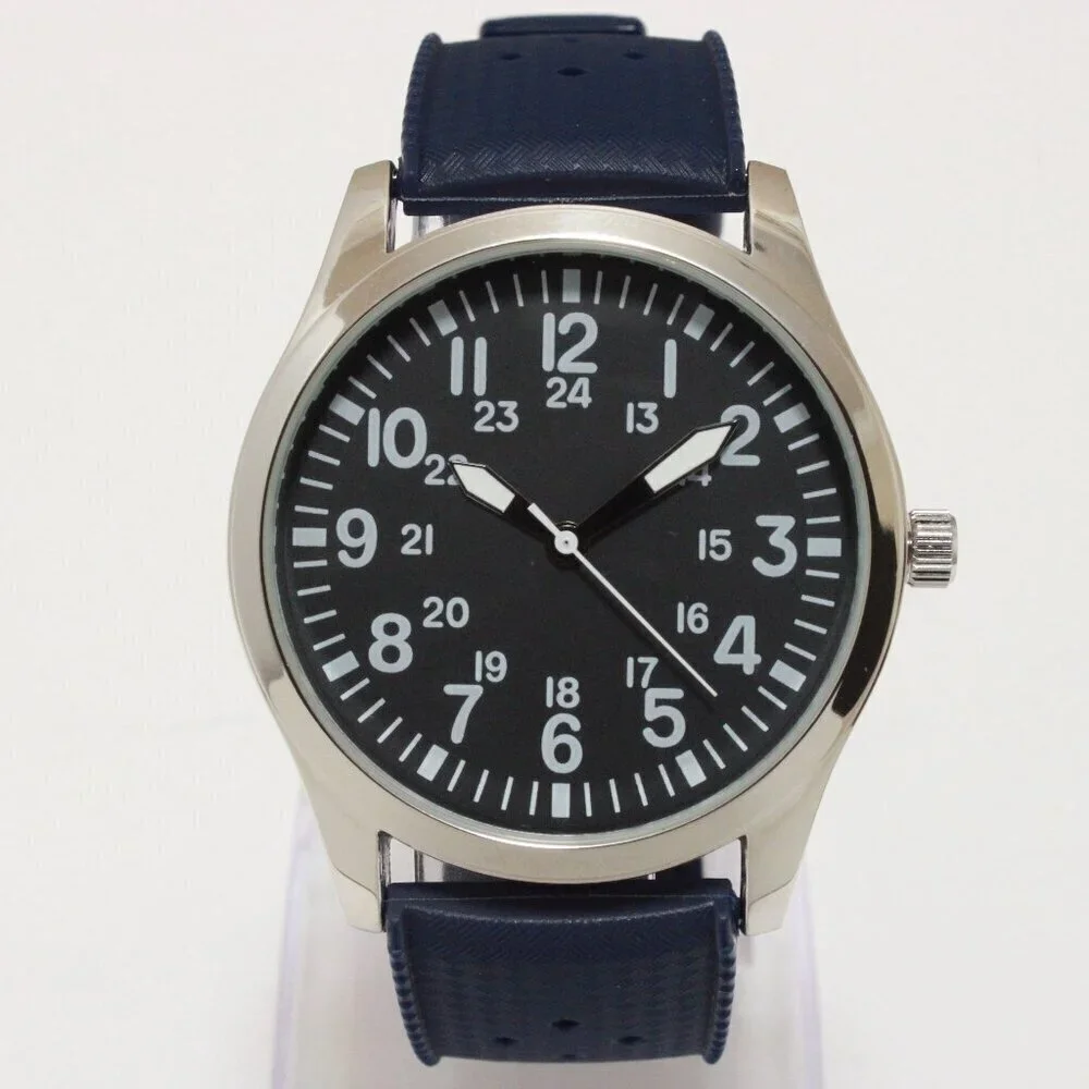 Men's Quartz Field Watch Silver Tone Case Blue Tropical Rubber Strap 42mm
